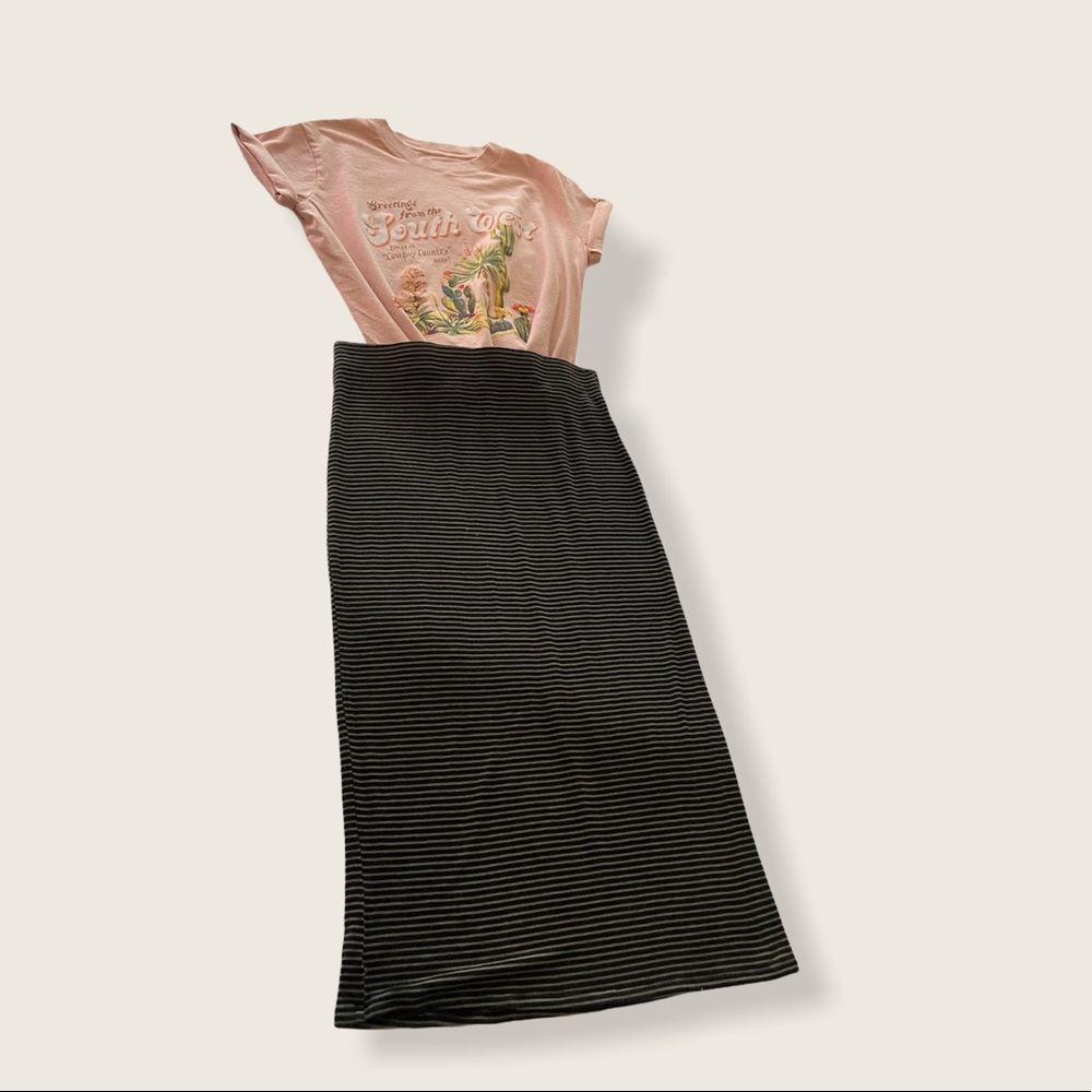 Olive green/black striped midi skirt
